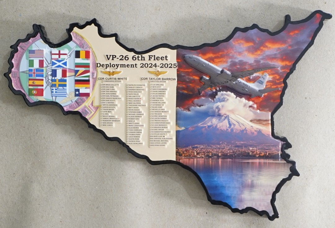 Custom VP‑26 deployment plaque shaped like Sicily, featuring aircraft artwork, flags, mission details, and names of deployed personnel
