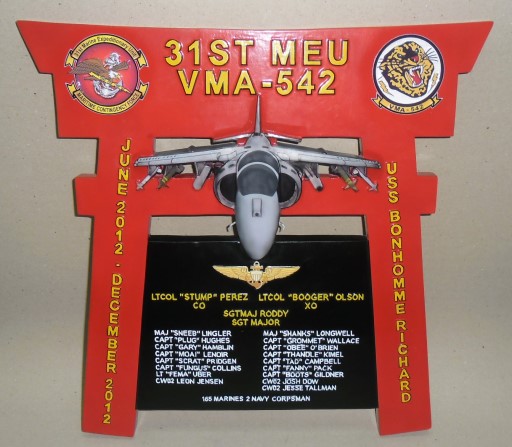 VMA‑542 Torii Gate deployment plaque featuring aircraft model, unit insignia, and engraved names