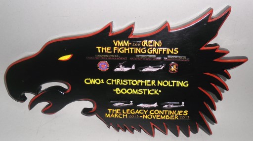 VMM‑266 deployment plaque featuring unit insignia, names of personnel, and service details
