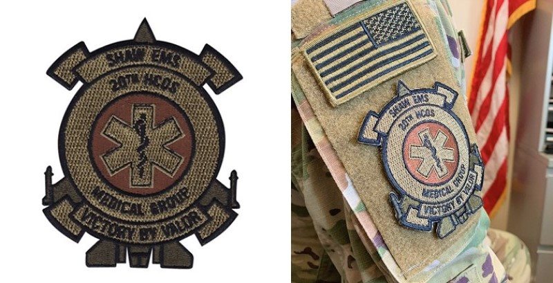 Silver Eagle Operation Wack-A-Mole Medical Group patch with star of life symbol, worn on camouflage uniform beneath American flag
