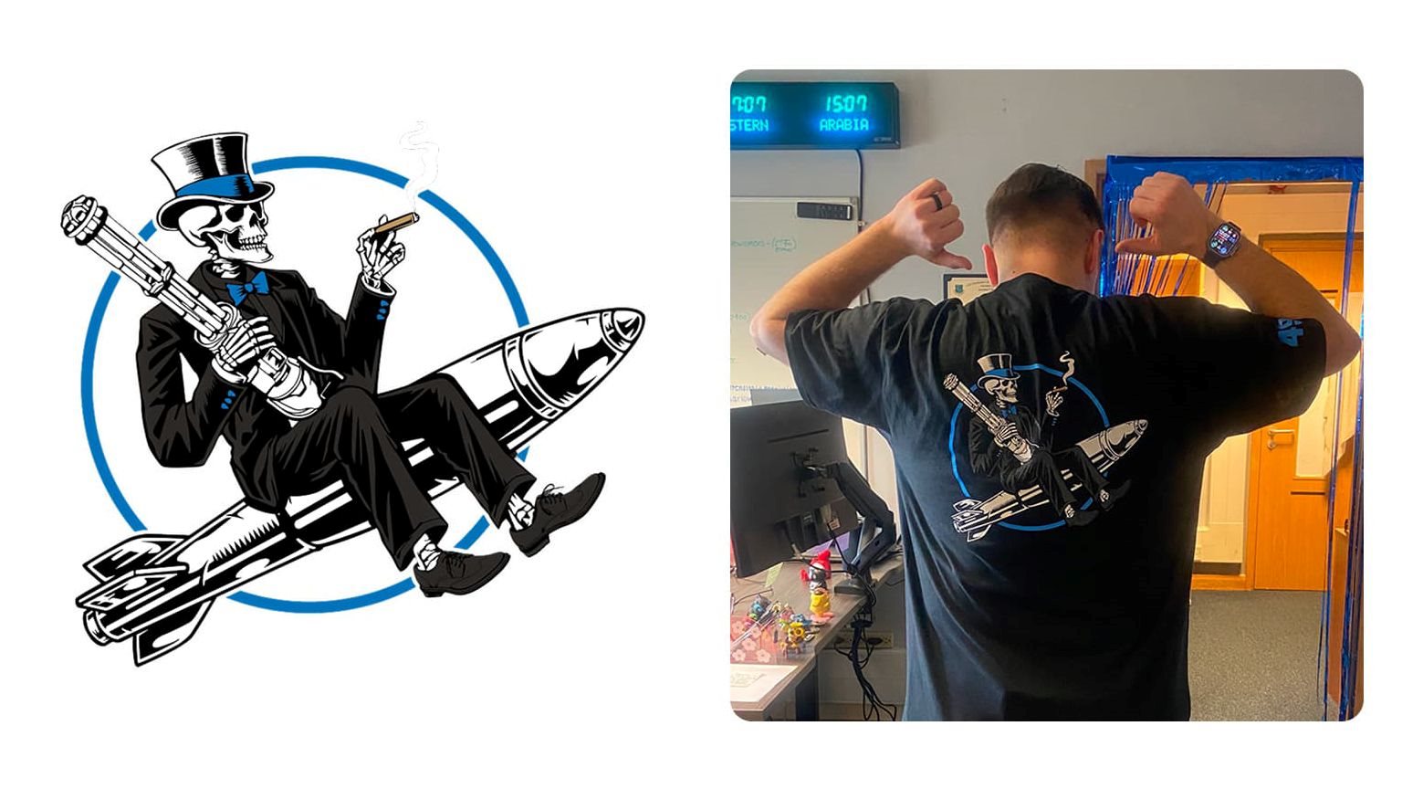 Before and After - Skeleton on Rocket Shirt