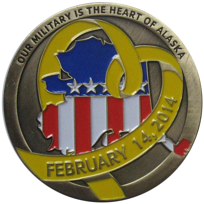 Our Military is the heart of Alaska Antique Gold Plated Challenge Con