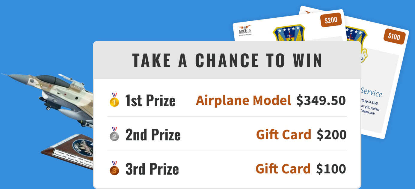 Prize Chart: 1st Prize Airplane Model Worth $349.50; 2nd Prize Gift Card Worth $200; 3rd Prize Gift Card Worth $100