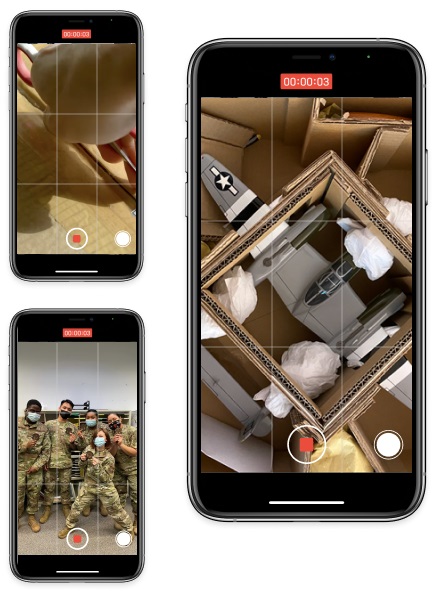 image of three iphones side-by-side demonstrating how to record a video